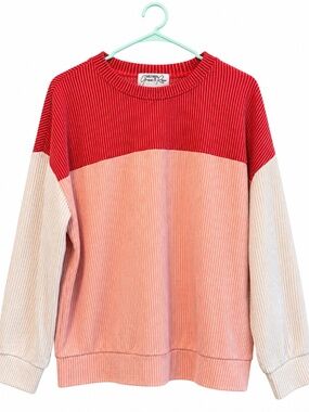 Southern Grace & Rose Ribbed Colorblock Sweater Coral Red Cream Size M